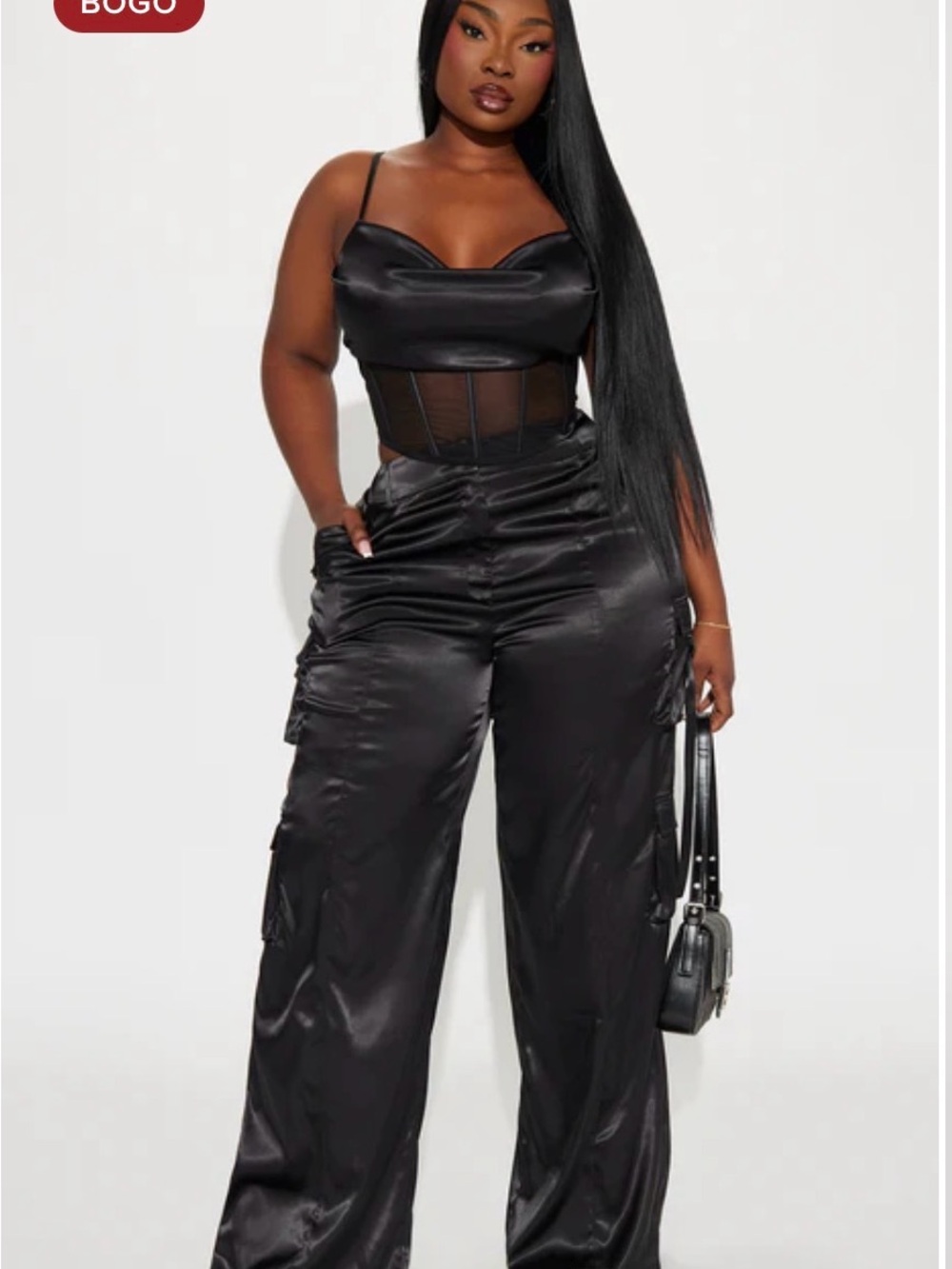 Fashion Nova Black Satin Wide-Leg Cargo Pants with Matching Top.